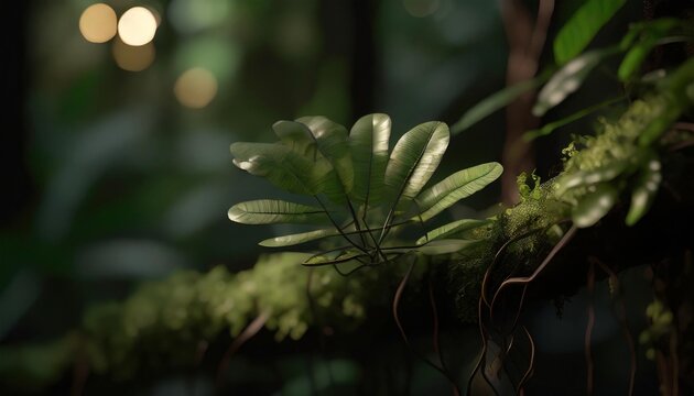 tropical rainforest dragon scale fern pyrrosia piloselloides epiphytic creeping plant with round fleshy green leaves growing on jungle liana vine plant