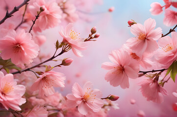 Obraz premium Spring apple blossoms on a blue background. A gentle spring background. Floral background