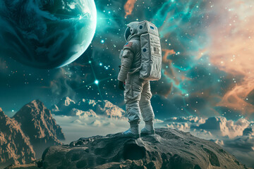 Fototapeta premium Spaceman and planet, human in space concept