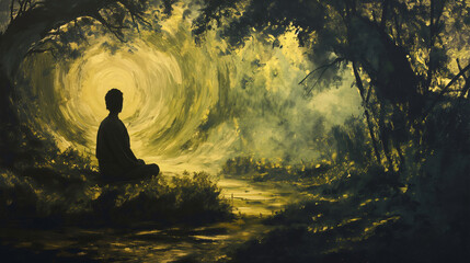 meditating figure before swirling forest portal, golden tones