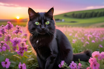 Naklejka na ściany i meble A black cat with green eyes sits in a meadow with delicate pink flowers. Animal-themed postcards