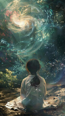 girl meditating in cosmic nature, whimsical art