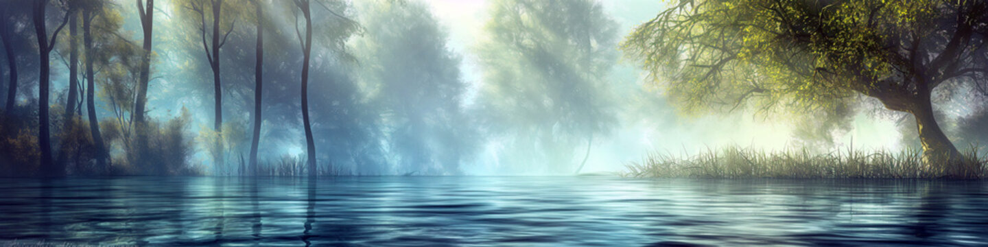 mystic forest reflection on water, ethereal morning light