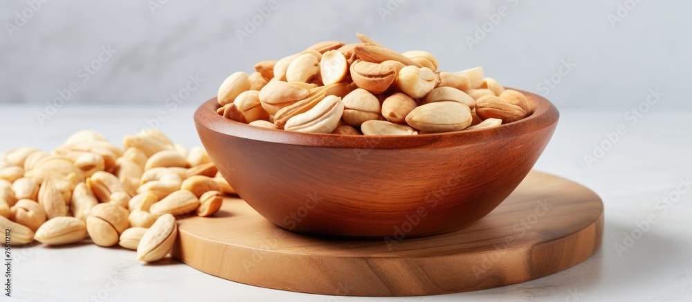 Sticker A bowl of peanuts is placed on a wooden cutting board, showcasing a blend of tableware, food, natural material, and staple ingredient