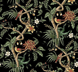 Seamless chinoiserie pattern with branches, flowers and birds. Vector.