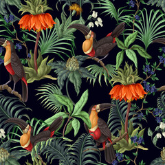 Seamless tropical pattern with flowers, leaves and toucan. Vector. - 755112389