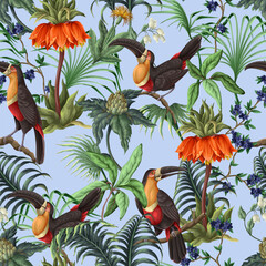 Seamless tropical pattern with flowers, leaves and toucan. Vector. - 755112541