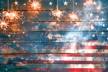 Vintage American Flag With Sparkles And Smoke On Rustic Wooden Background - Independence Day Celebration Concept