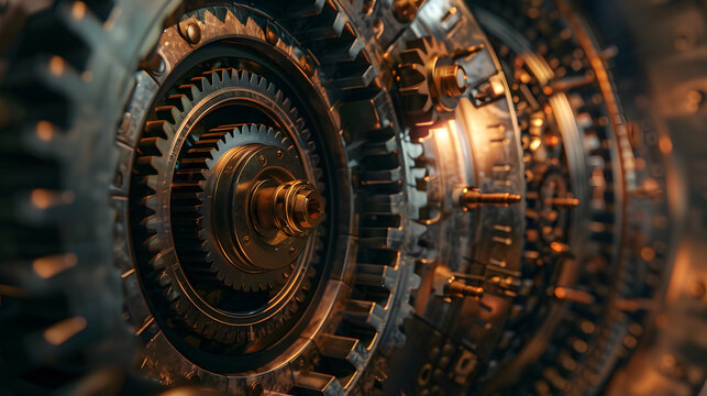 tunnel interior of a bank vault lock with several complex gears