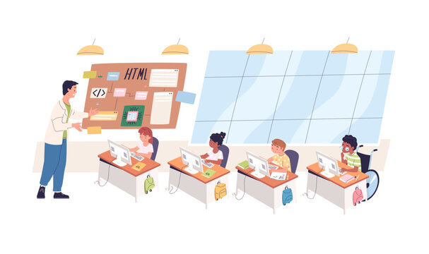 Informatics classroom. Kids or teen student at desk computer monitor laptop in informatic school class, teacher programming lesson elementary code study, classy vector illustration