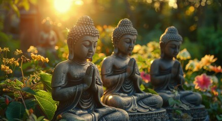 Three Buddha Statues Sitting on Top of a Lush Green Field