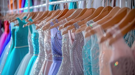 A variety of colorful elegant wedding and evening dresses hang on hangers in a luxurious modern boutique. Prom dress, wedding, evening dress, bridesmaid dresses. Rent dresses for different occasions 8
