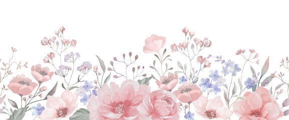 Fototapeta na wymiar Seamless watercolor border. Hand drawn floral illustration isolated on white background. Vector EPS.