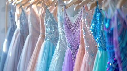 A variety of colorful elegant wedding and evening dresses hang on hangers in a luxurious modern boutique. Prom dress, wedding, evening dress, bridesmaid dresses. Rent dresses for different occasions
