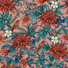Seamless chinoiserie pattern with branches, flowers and birds. Vector. - 755113731
