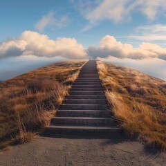 a beautiful straight stairway going to the top of the hill and hill top hidden in clouds, stairway to heaven, stairway to the sky