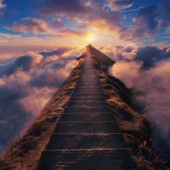 Papier Peint photo Descente vers la plage a beautiful straight stairway going to the top of the hill and hill top hidden in clouds, stairway to heaven, stairway to the sky