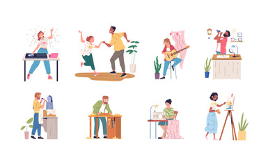 People hobby occupation. Person creative hobbies or artistic professions, artisan making sculpture sewing painter craft skill work art music activity set classy vector illustration