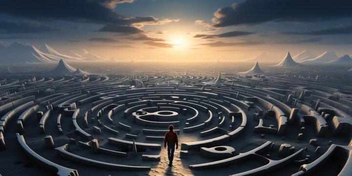 A man stands in front of an enormous maze, ready to navigate its twists and turns