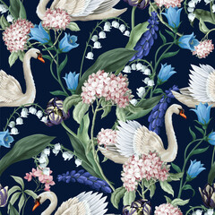 Seamless sensitive pattern with swan and flowers. Vector.