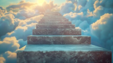 a closeup of a beautiful straight stairway with big heightened steps going to the top of the building touching the clouds - obrazy, fototapety, plakaty