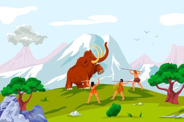 Mammoth hunting. Woolly mammoths and caveman with primitive spear weapons, neanderthal human hunter animals prey stone age prehistoric period cartoon landscape vector illustration