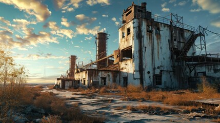An abandoned factory building with broken windows and smokestacks, set against a backdrop of a dirt road and a cloudy blue sky.