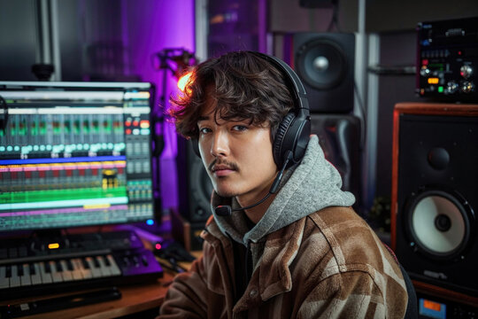 A serious music producer wearing headphones sits before a computer and audio monitors in a modern recording studio. Generative AI
