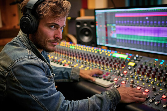 A focused audio engineer adjusts the mixing desk in a sound recording studio with digital audio workstation on screen. Generative AI