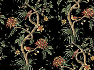 Seamless chinoiserie pattern with branches, flowers and birds. Vector. - 755114507