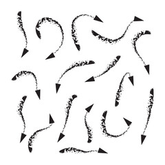 Arrows set, hand drawn doodle direction twist indicators, pointers and scroll elements. Collection of swirly various dynamics shapes. Isolated on white background. Vector illustration eps 10.