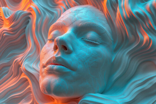 Surreal human face merged with flowing wavy patterns. Generative AI image