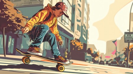 A man wearing a hat is skateboarding down a street. - obrazy, fototapety, plakaty