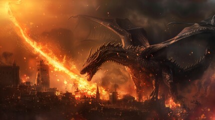 a dragon destroying a city with his fire, dragon flying over the city he destroyed - obrazy, fototapety, plakaty