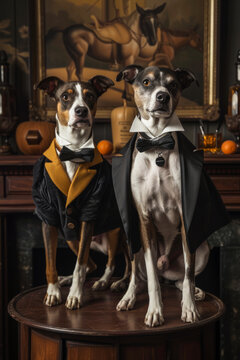 Dapper Dogs Dressed in Tuxedos for Elegant Portrait. Generative AI image