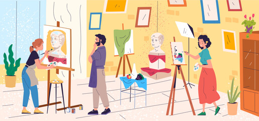 Painter workshop. Artists painting sculpture picture, art working mastering lessons in studio room, professional painters create drawing at easel, classy artist vector illustration