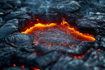 Intense Close-Up of Fiery Lava in Fire Pit - obrazy, fototapety, plakaty
