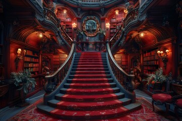 Red Carpeted Staircase Leading to Library - obrazy, fototapety, plakaty