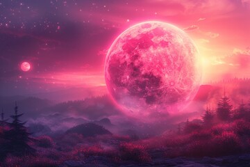 Large Pink Moon in Night Sky - obrazy, fototapety, plakaty