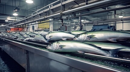 conveyor belt in a fish processing factory with a line of fresh salmon