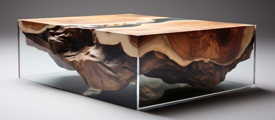 A piece of hardwood is displayed inside a glass cube, serving as an art piece. It could be used as a table or flooring in a building, house, or even as a toy for a carnivore like a cat - obrazy, fototapety, plakaty
