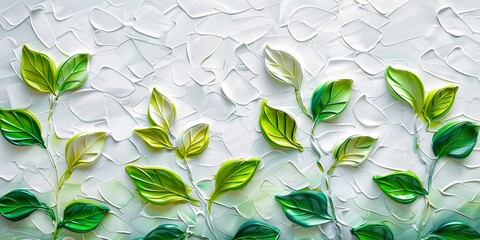 A decorative painting of green leaves with thick oil painting texture effect. Green leaves with three-dimensional effect of thick paint rich in details. Simple and modern leaf painting. - obrazy, fototapety, plakaty