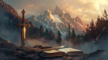Zelfklevend Fotobehang A Sword and an open Book Bible with Nature Mountains in the Background. AI Generative © MendyZa