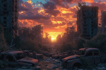 A dramatic sunset casts a fiery glow over an abandoned cityscape, with overgrown vehicles and derelict buildings. Resplendent.