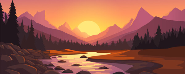 Stunning sunset against the backdrop of a mountain river. Panoramic sunset landscape of amazing mountains, rivers, forests. Wild nature. Landscape for design of hiking, tourism, banner, poster, print.