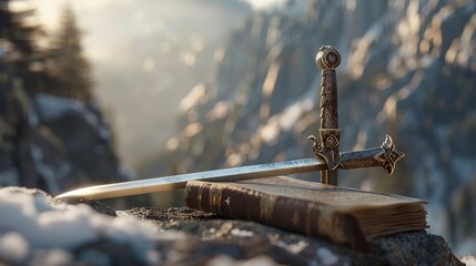 A Sword and an open Book Bible with Nature Mountains in the Background. AI Generative