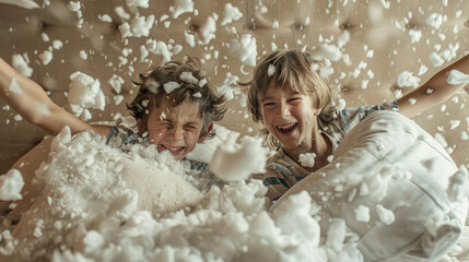 Siblings' Pillow Fight: Siblings playfully hitting each other with pillows. Fun, chaos, pillow fluff, pillows and quilt fun.
