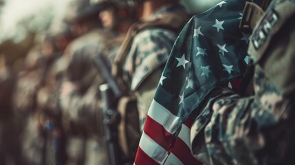 Soldiers Holding American Flags in Formation - obrazy, fototapety, plakaty