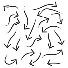 Arrows set, hand drawn doodle direction twist indicators, pointers and scroll elements. Collection of swirly various dynamics shapes. Isolated on white background. Vector illustration eps 10.
