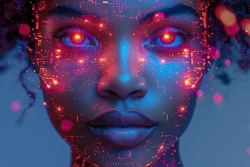 Womans Face With Glowing Blue and Red Eyes